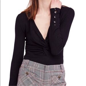 NWT Free People All Types Of Twisted Black V-Neck Sweater Top Size Large